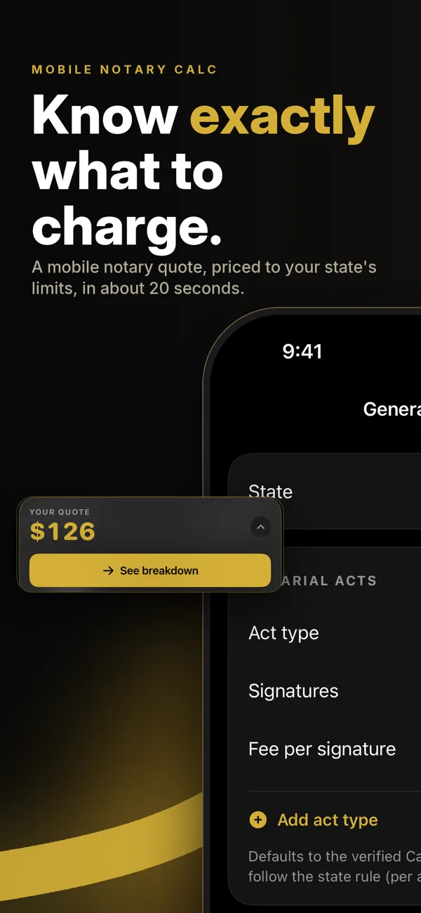 “Know exactly what to charge”: the quote form with state, act type, signatures and fee per signature, and a $126 quote
