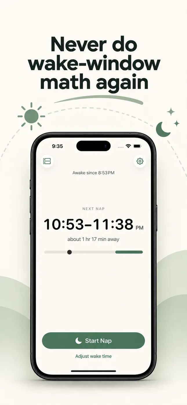 Wake Window home screen showing the next nap window and a countdown